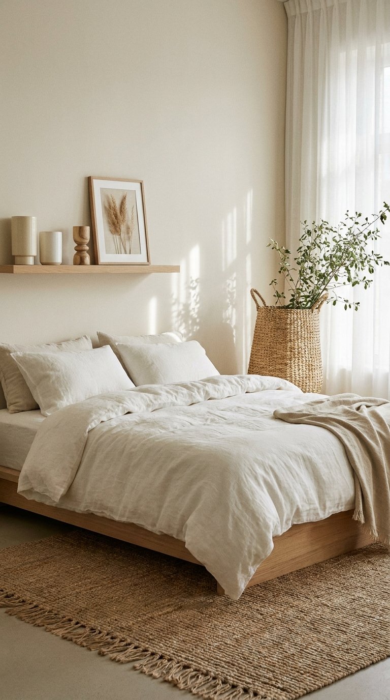 Chambre minimaliste beige avec literie en lin et grand panier végétalisé