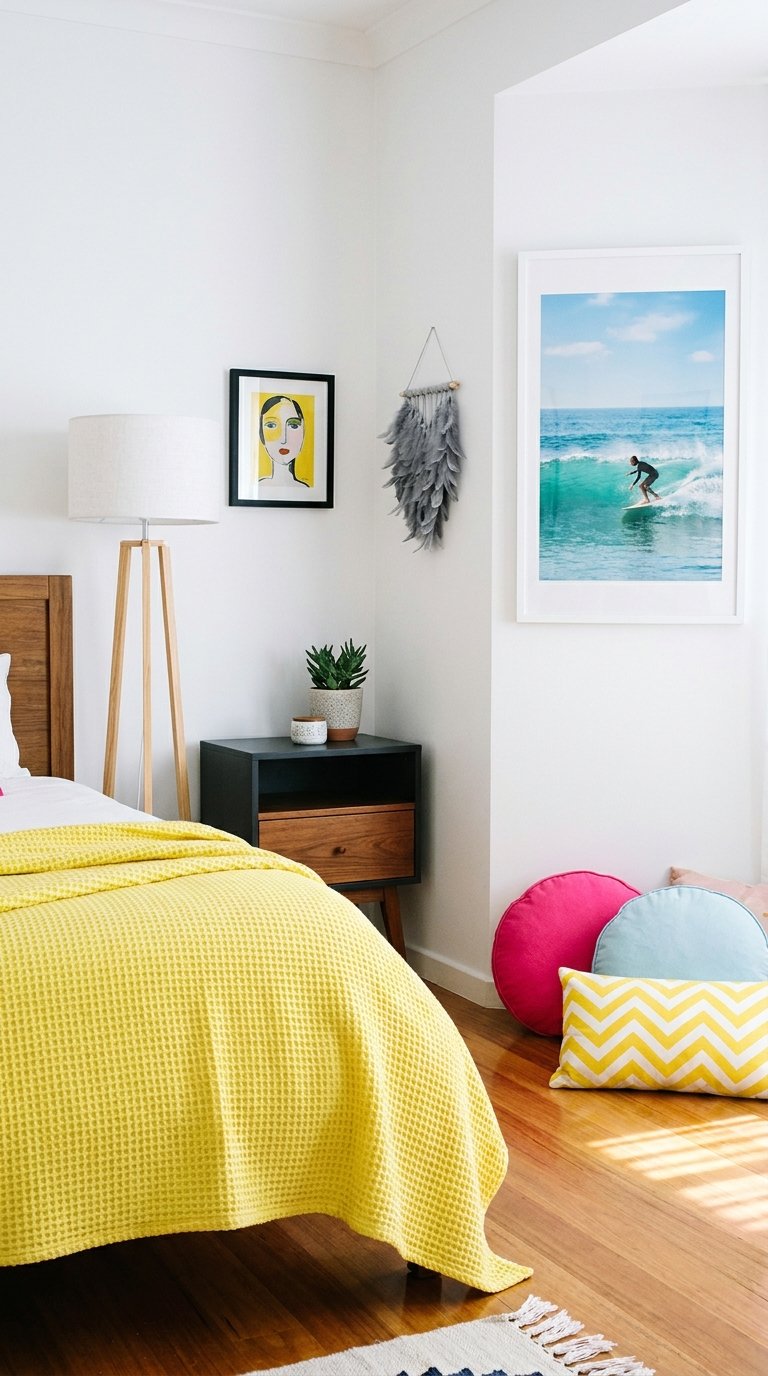 Chambre blanche animée par un couvre-lit jaune et des coussins colorés