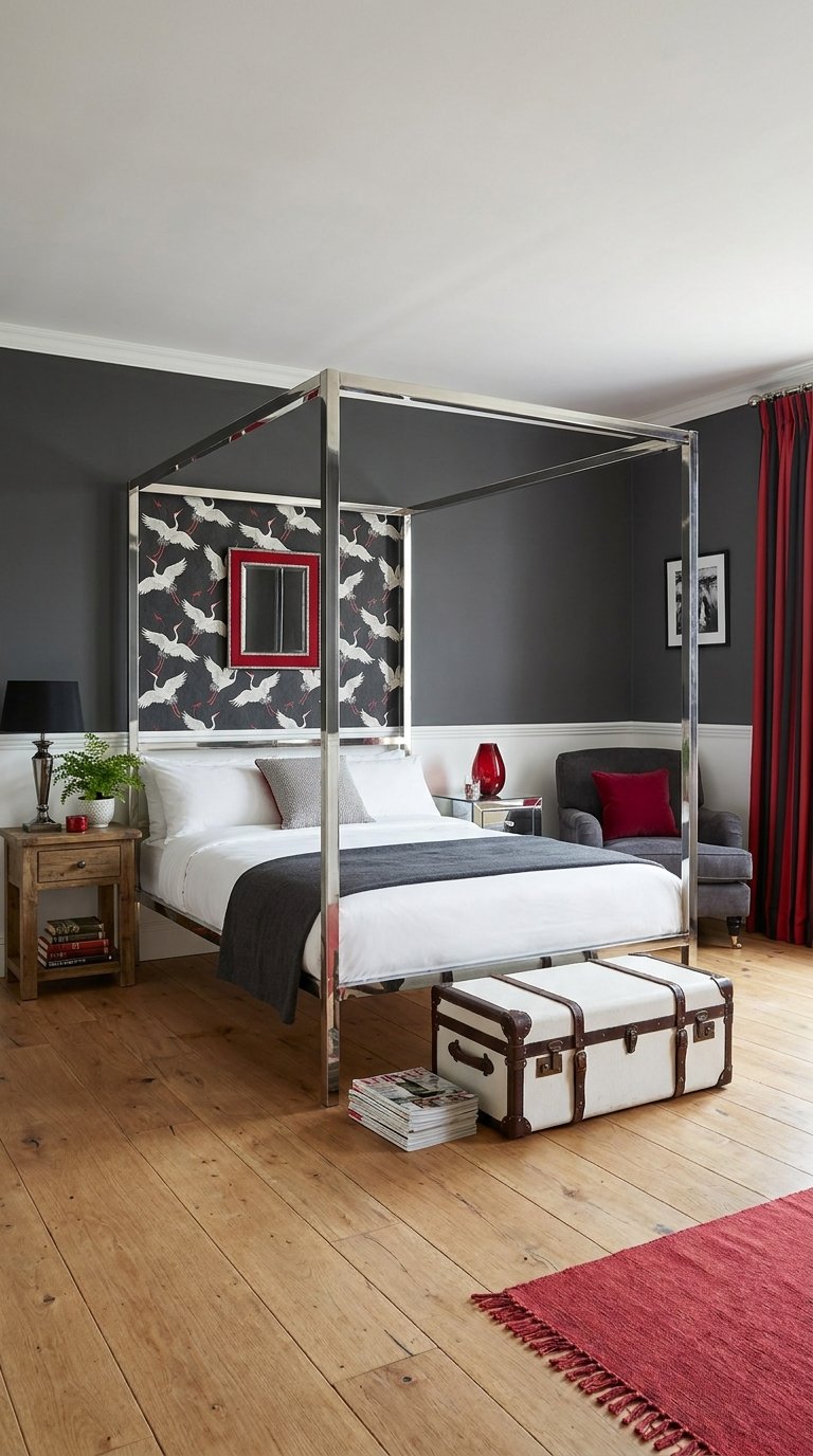 Chambre gris anthracite avec lit à baldaquin chromé et accents rouges