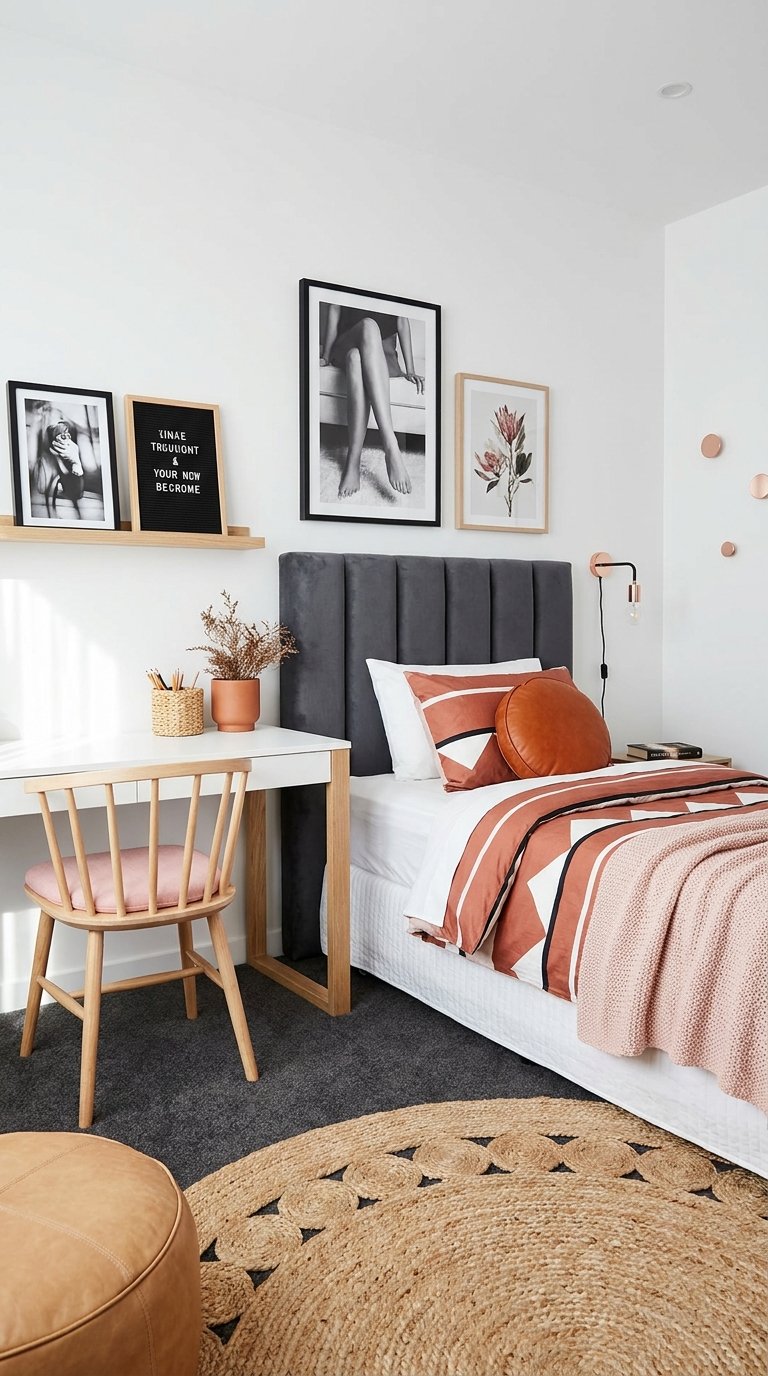 Chambre avec tête de lit grise, linge terracotta et petit bureau en bois