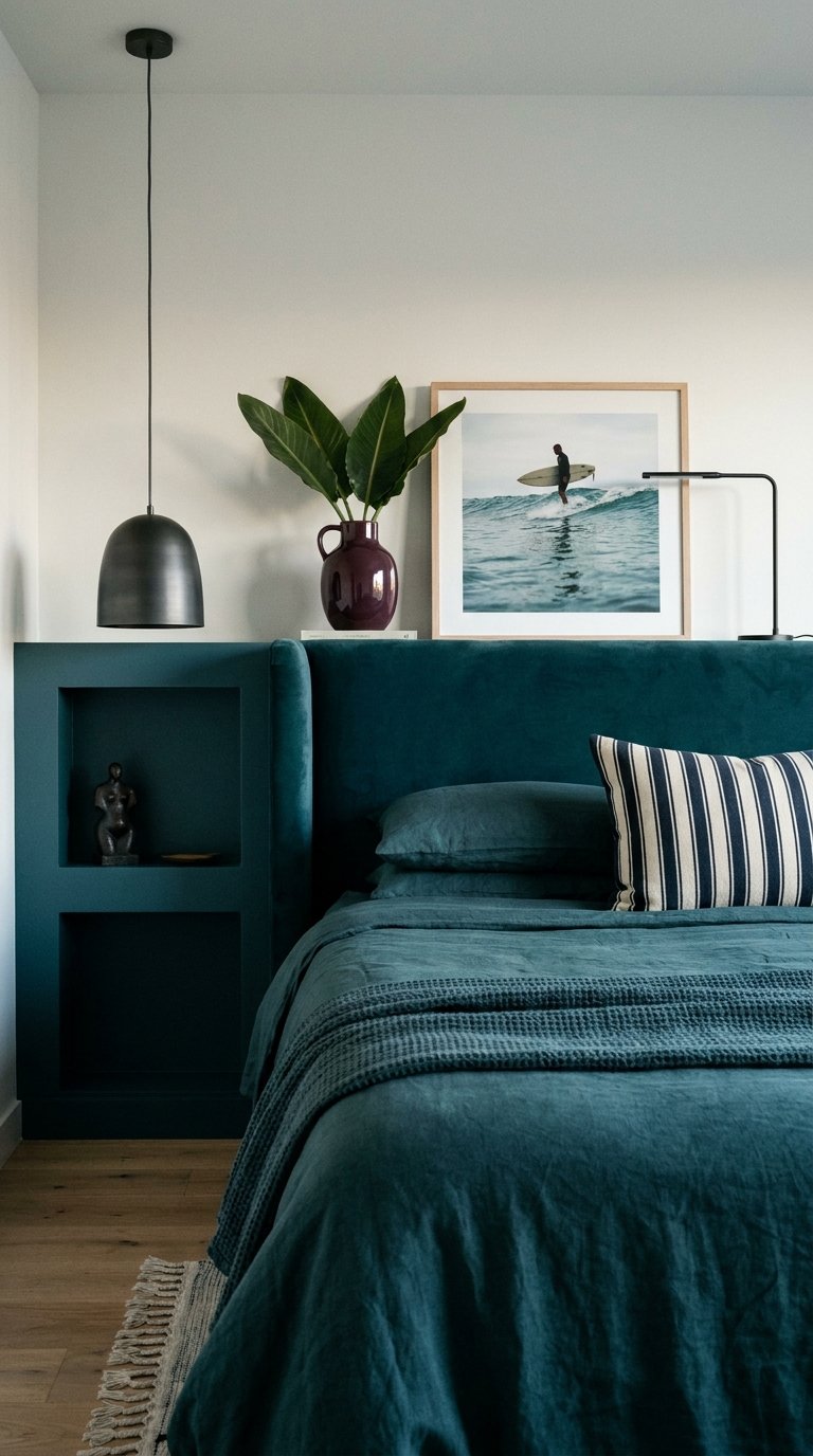 Chambre bleu canard avec tête de lit en velours et niche murale