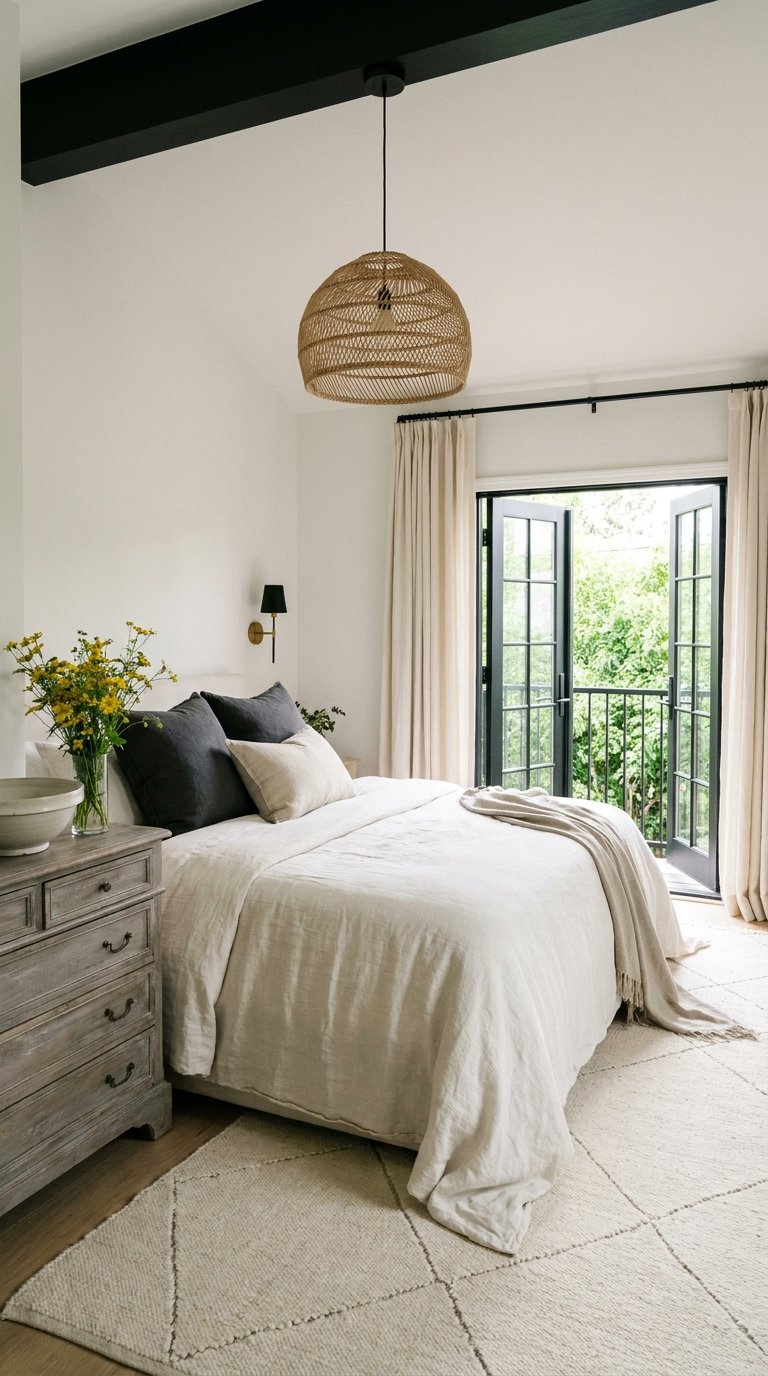 Chambre blanche ouverte sur un balcon avec suspension en rotin