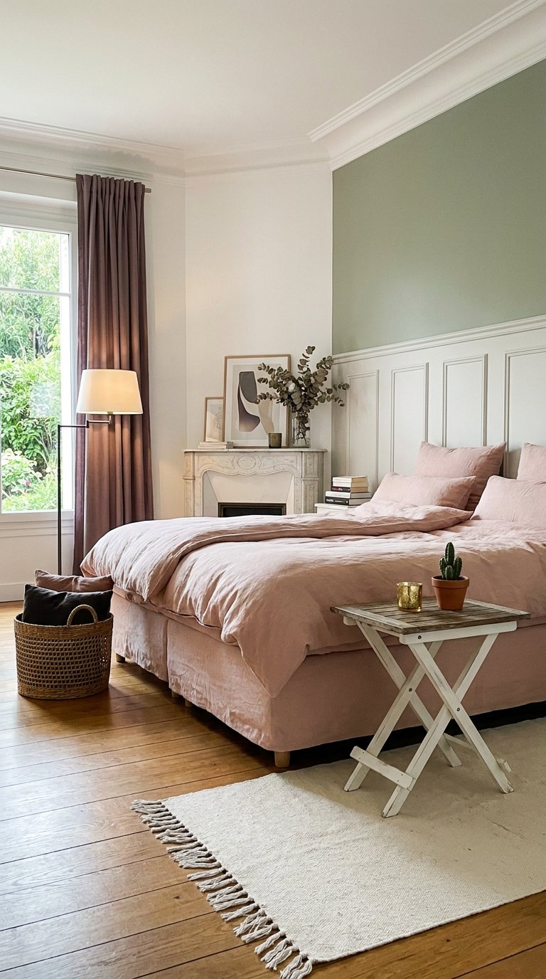 Chambre rose poudré avec soubassement mouluré et mur vert sauge