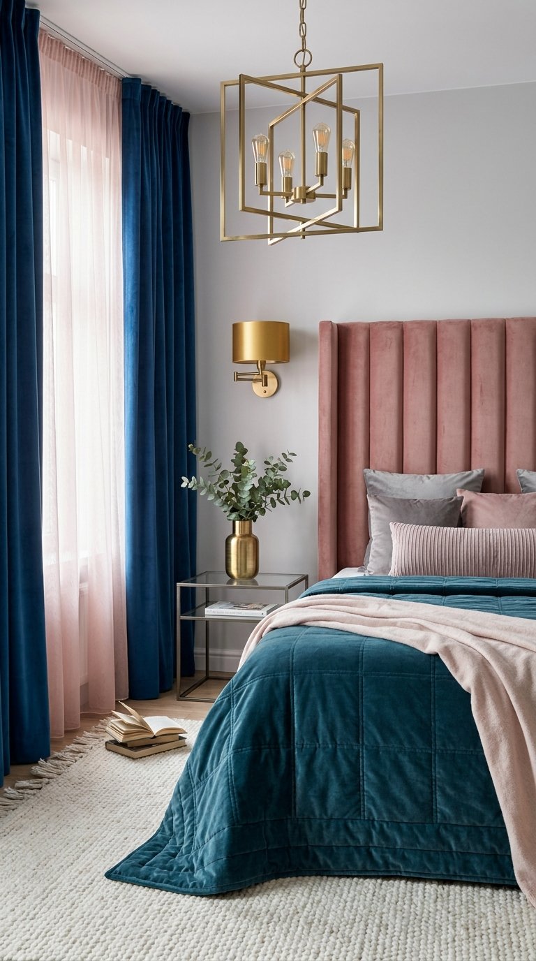 Chambre en velours bleu et rose avec luminaires en laiton