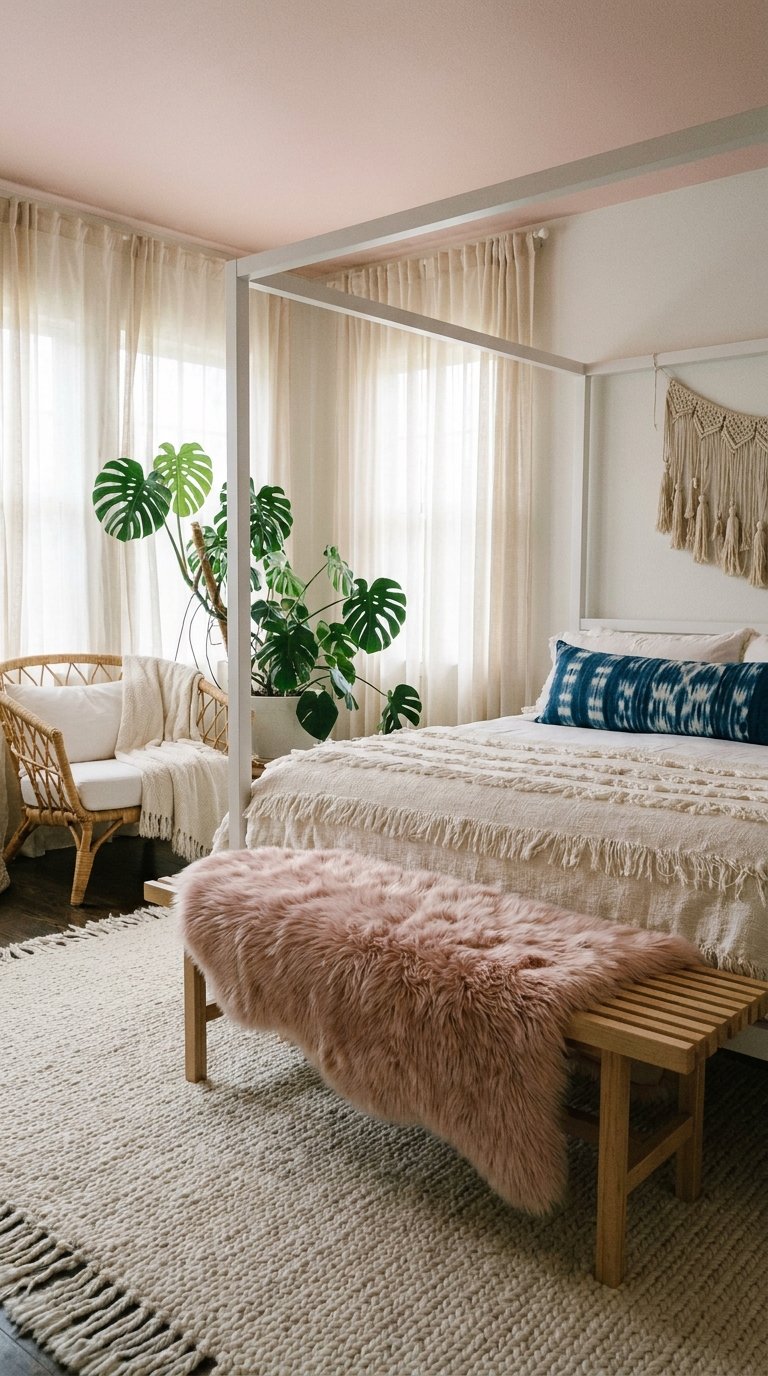 Chambre bohème avec lit à baldaquin blanc, plantes et banc en bois