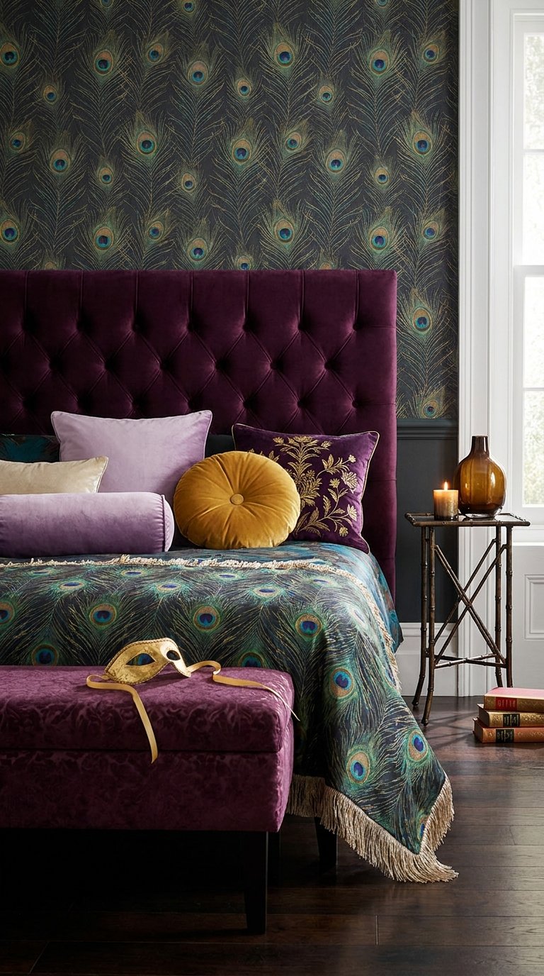 Chambre théâtrale avec velours violet et motifs de plumes de paon