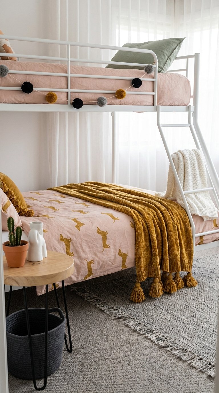 Chambre avec lits superposés blancs, linge rose et plaid moutarde