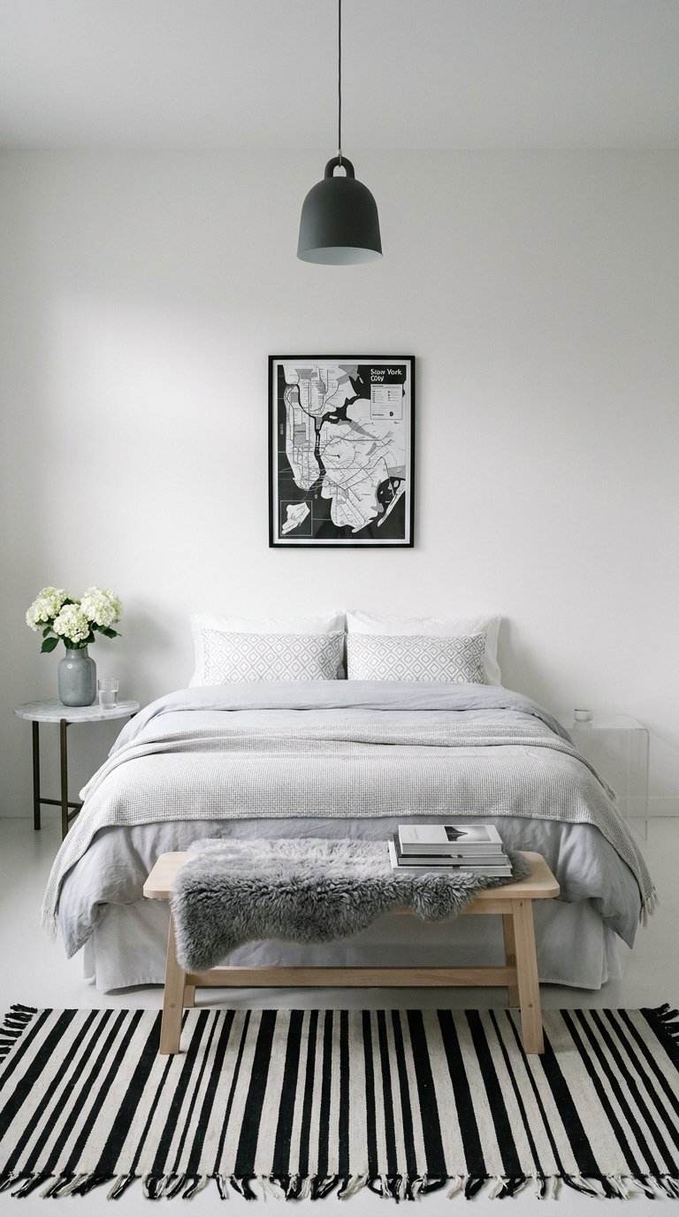 Chambre minimaliste grise avec tapis rayé noir et blanc