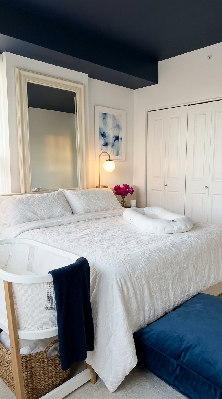 Chambre blanche avec plafond bleu nuit, grand miroir et berceau