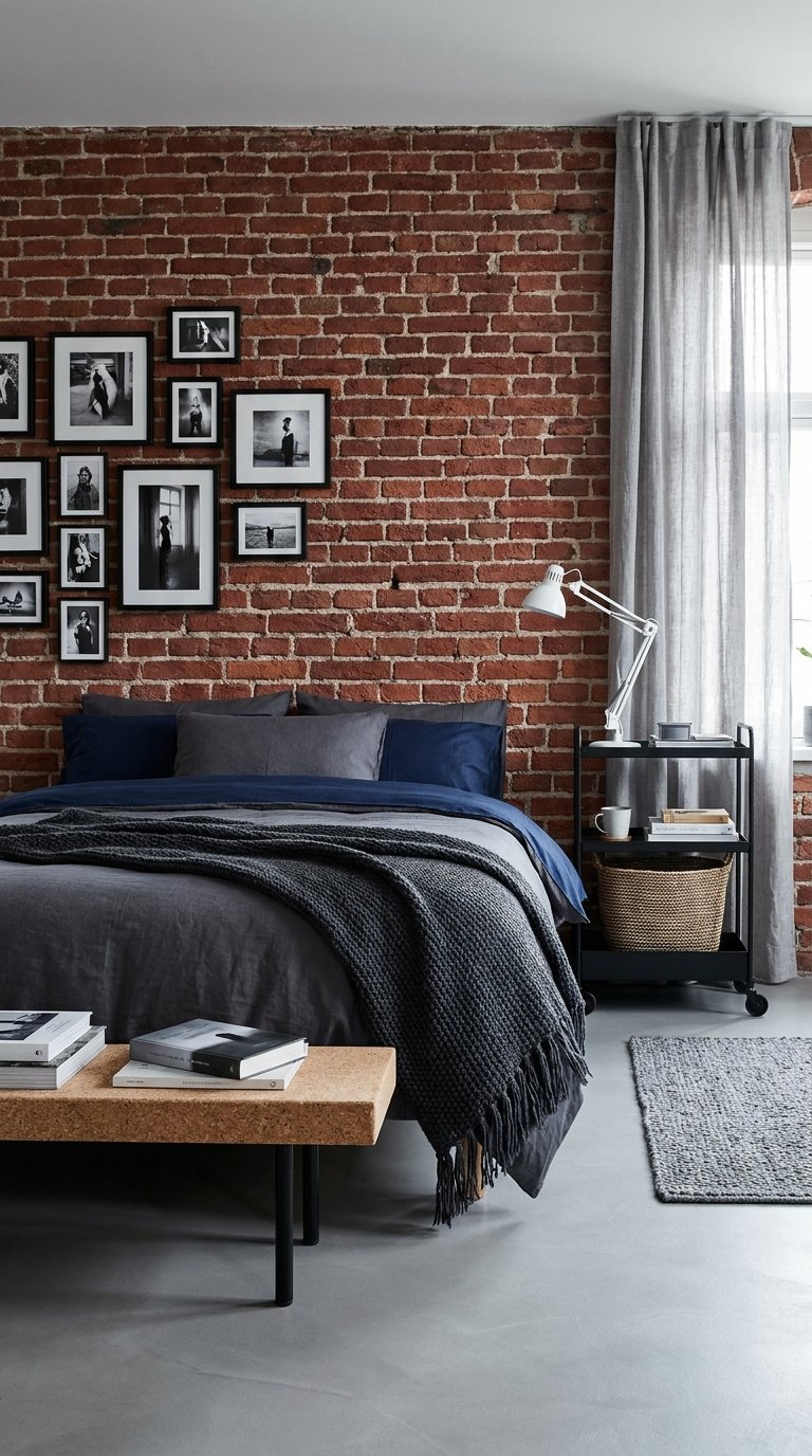 Chambre industrielle avec mur de briques, literie sombre et photos encadrées