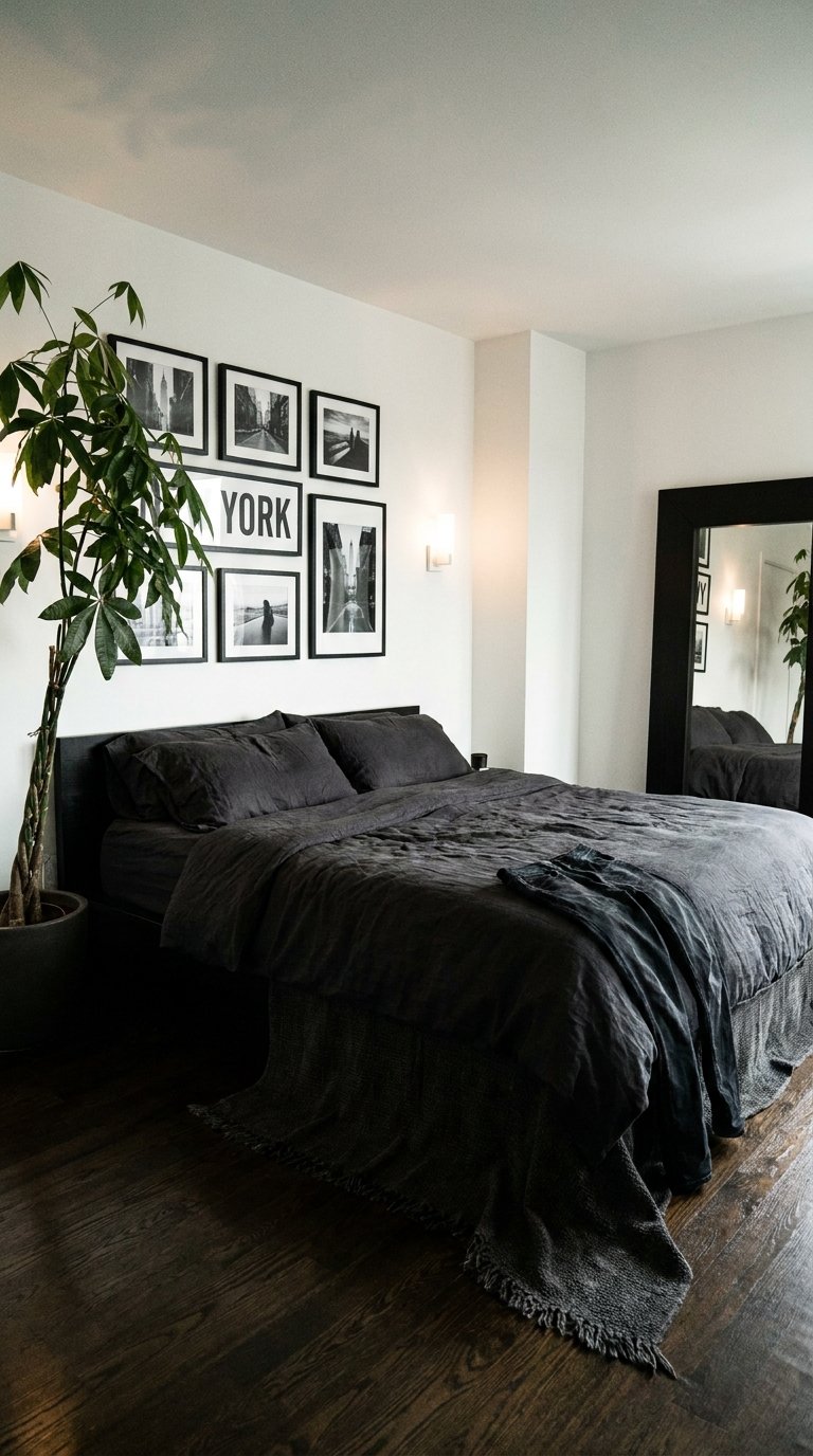 Chambre noire avec galerie de photos, grand miroir et plante verte