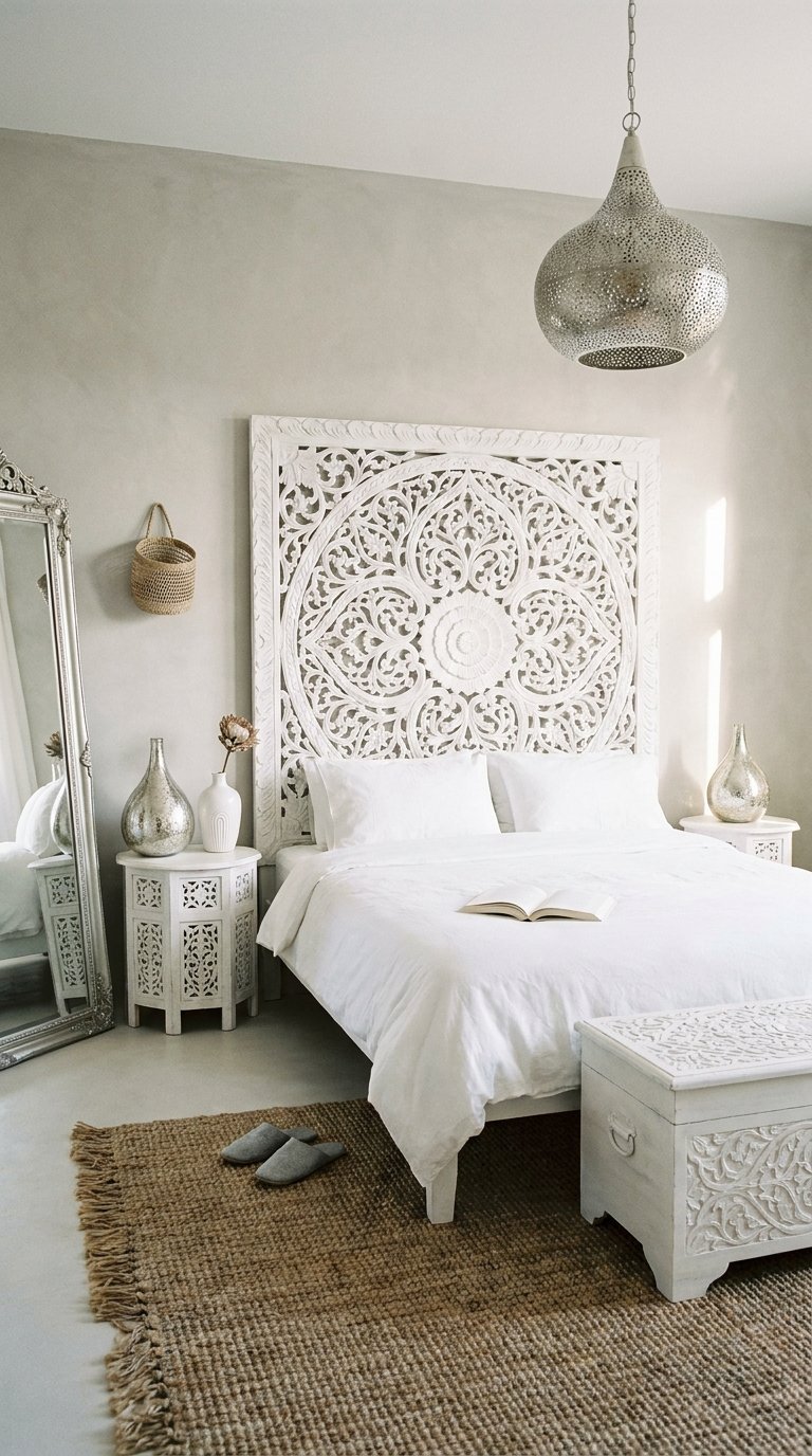 Chambre blanche avec tête de lit sculptée, miroir argenté et tapis en jute