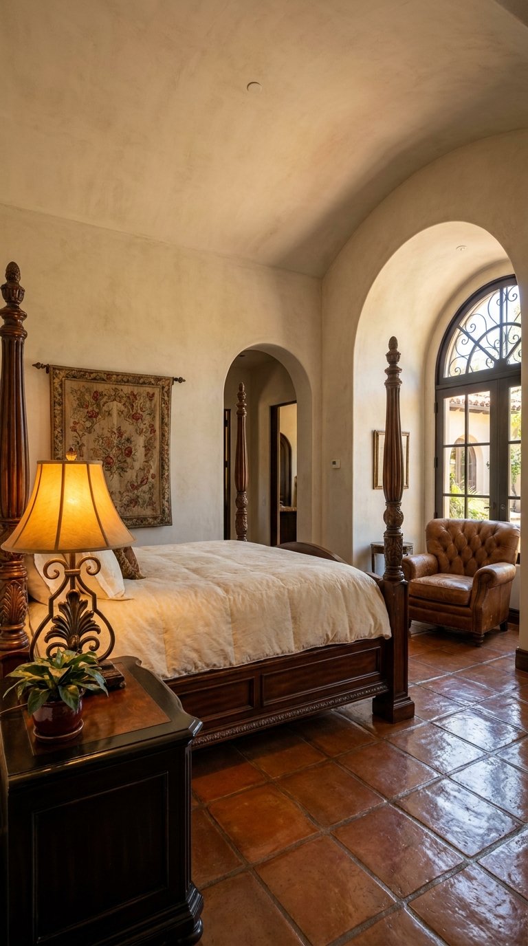 Chambre méditerranéenne avec lit en bois sculpté et sol en terre cuite
