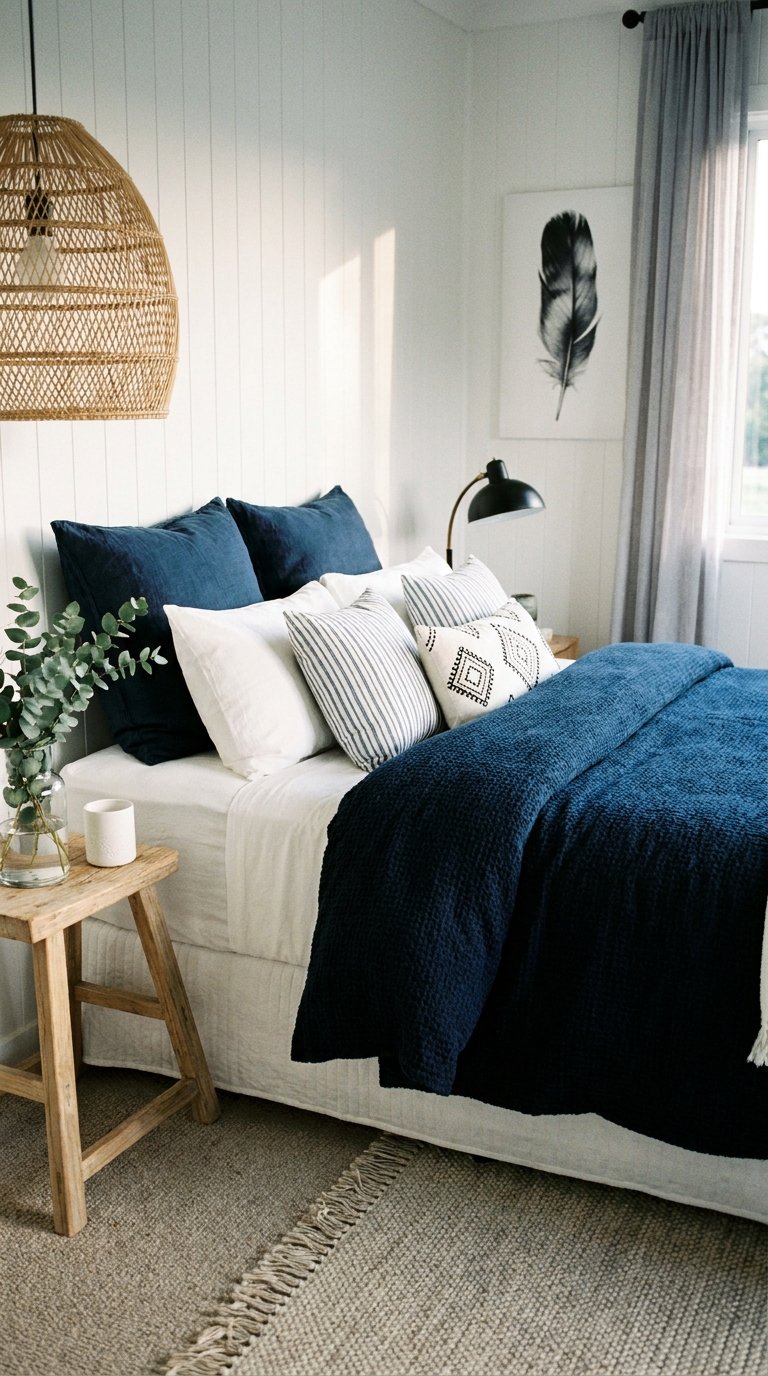 Petite chambre blanche avec textiles bleu marine et suspension en rotin