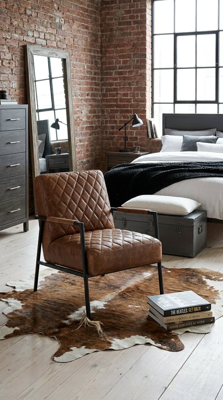 Chambre loft avec murs de briques, fauteuil en cuir et tapis peau de vache