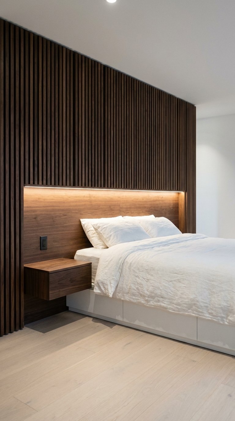 Mur tête de lit en tasseaux de bois foncé avec niche éclairée