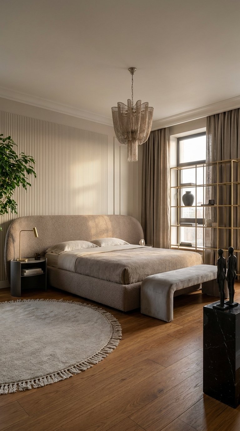 Tête de lit arrondie en bouclé beige dans une chambre contemporaine