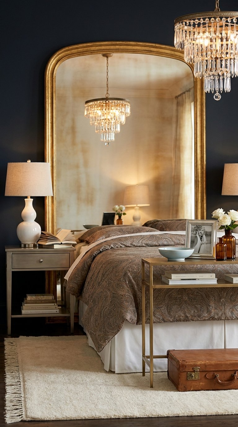 Grand miroir ancien doré utilisé comme tête de lit sur mur bleu nuit