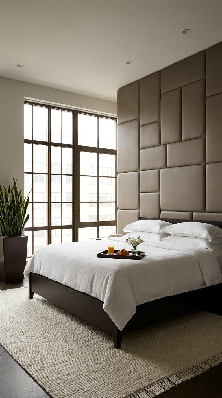 Tête de lit murale capitonnée en grands blocs taupe géométriques