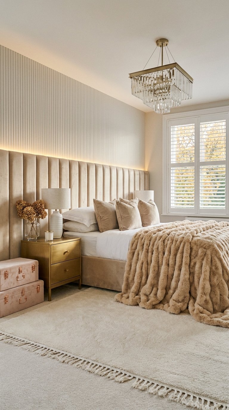 Tête de lit beige à cannelures verticales avec éclairage LED indirect