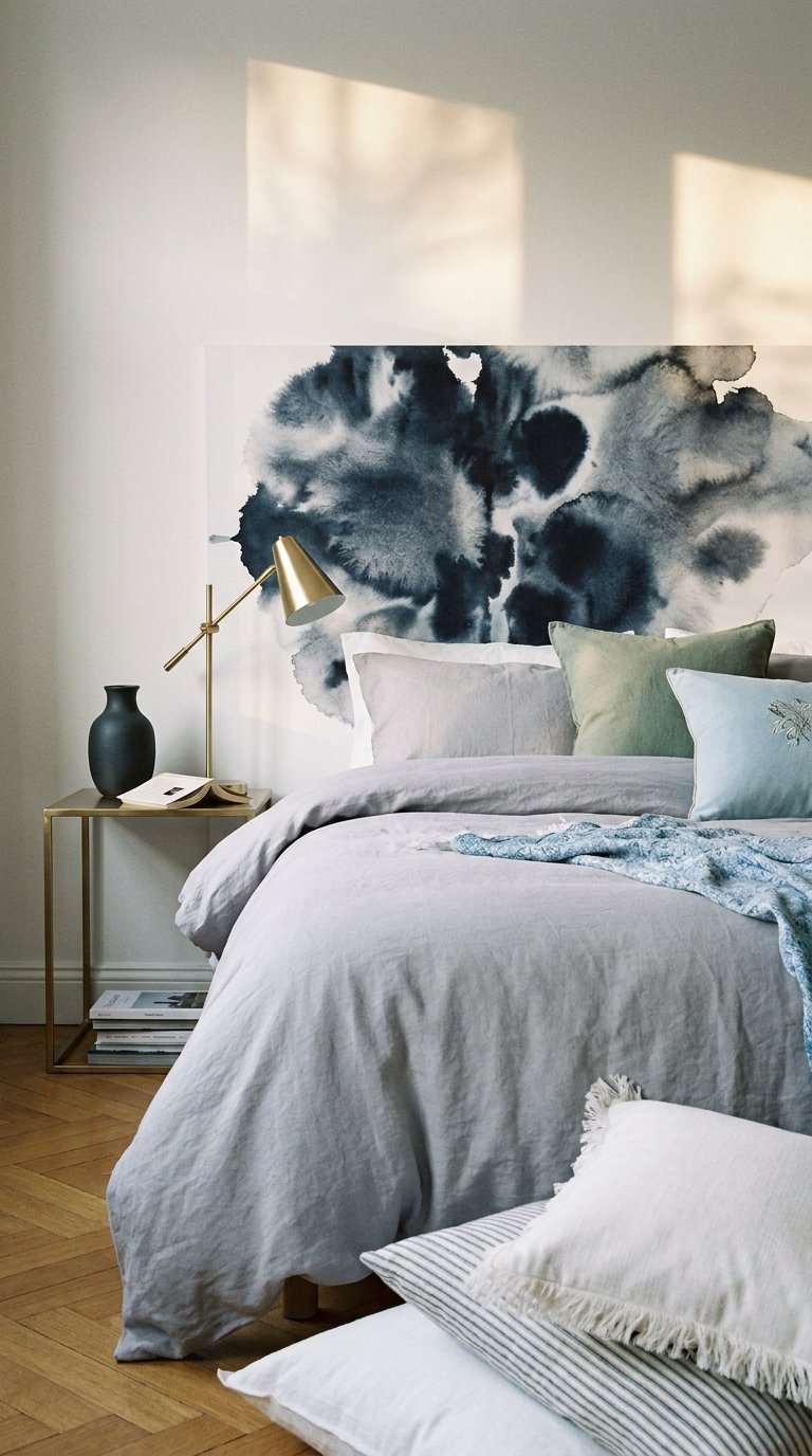 Tête de lit peinte comme une aquarelle abstraite bleu nuit