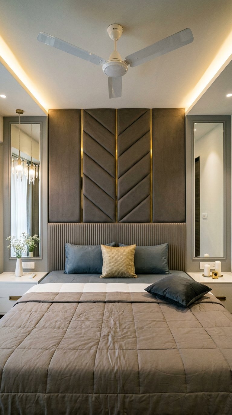 Tête de lit murale gris taupe avec chevrons et baguettes dorées