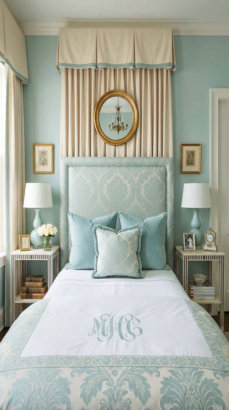 Tête de lit bleu pâle à motif damassé sous un ciel de lit