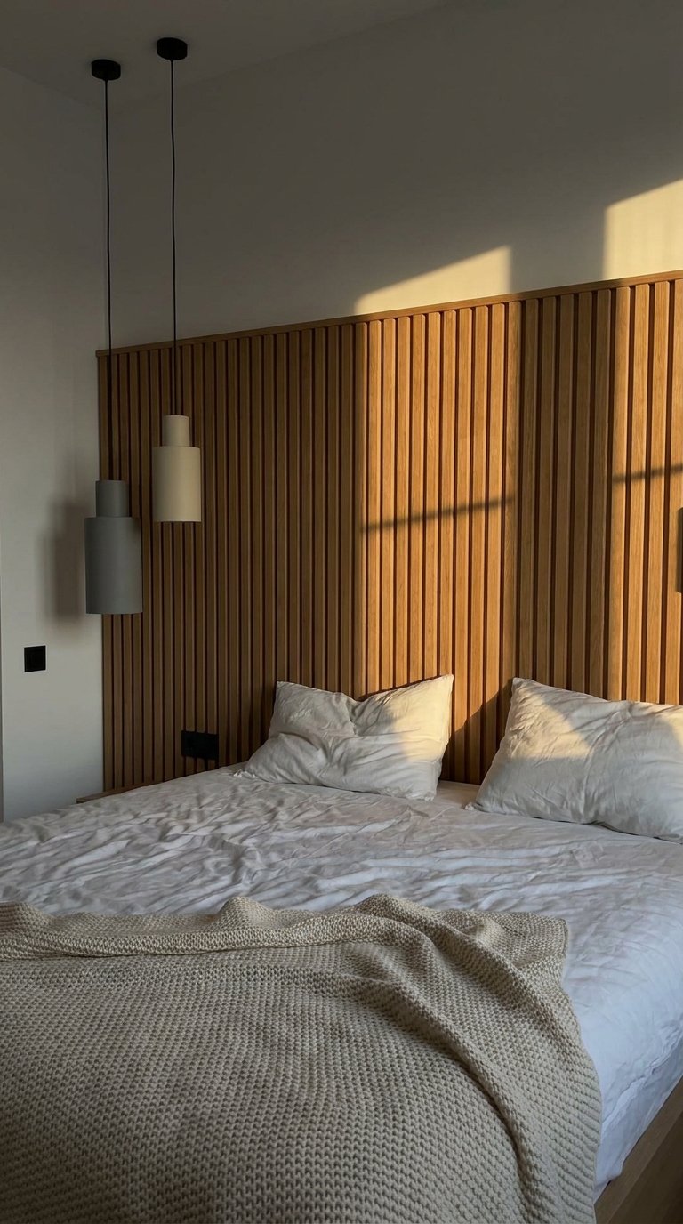 Mur tête de lit en tasseaux de bois miel éclairés par le soleil