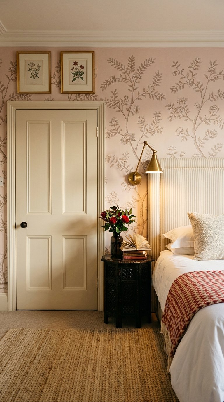Tête de lit crème rayée avec sommet arrondi et applique dorée