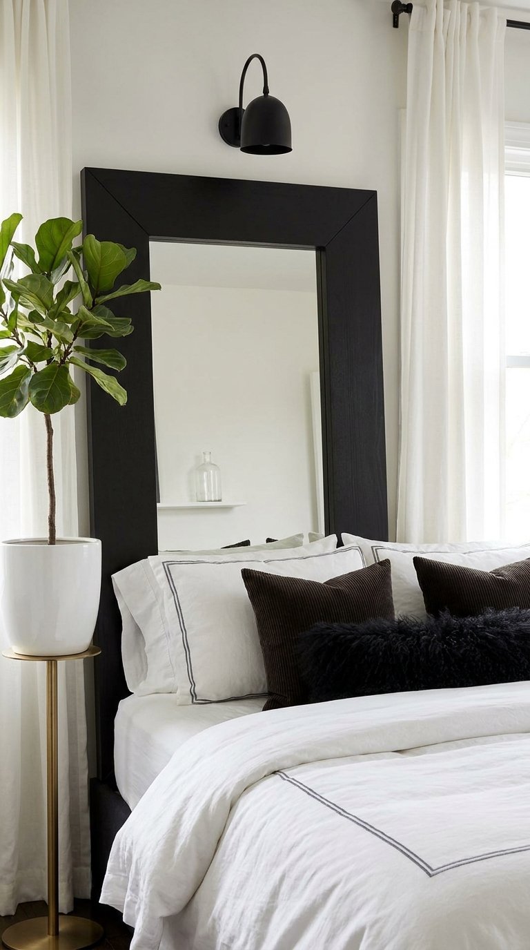 Grand miroir rectangulaire noir utilisé derrière le lit