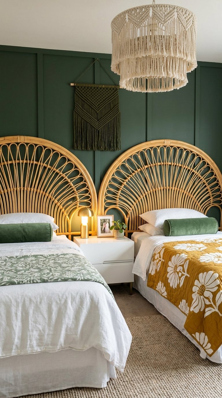 Deux têtes de lit éventail en rotin naturel sur mur vert