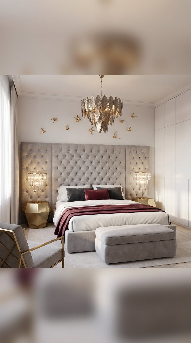 Tête de lit capitonnée grise murale avec boutons et lampes en cristal