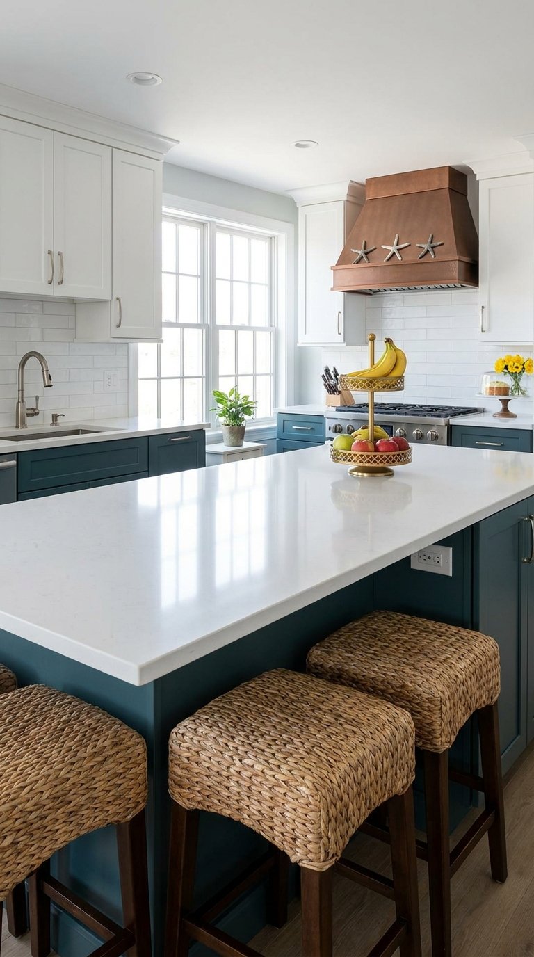 Cuisine blanche et bleu pétrole avec grand îlot en quartz et trois tabourets tressés