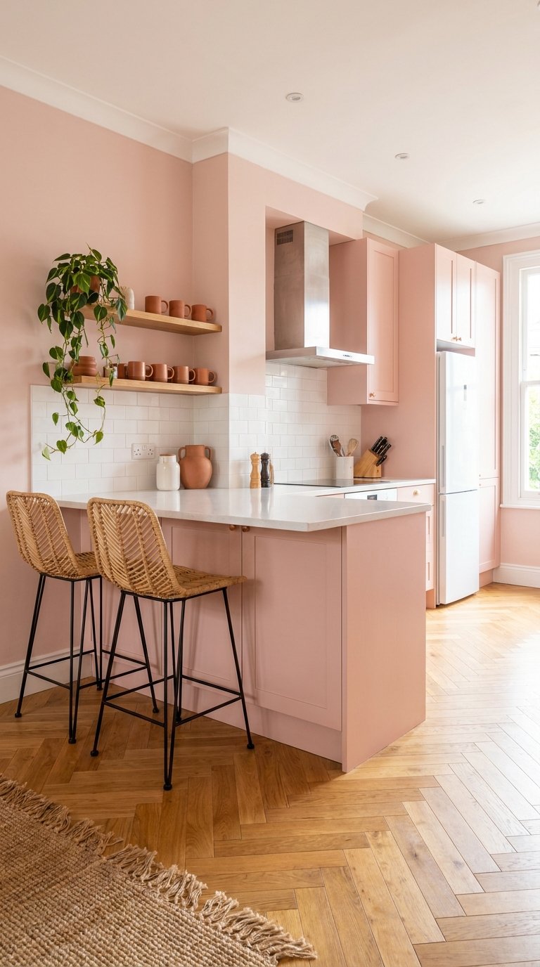 Cuisine rose poudré avec petit îlot repas et deux chaises hautes en rotin