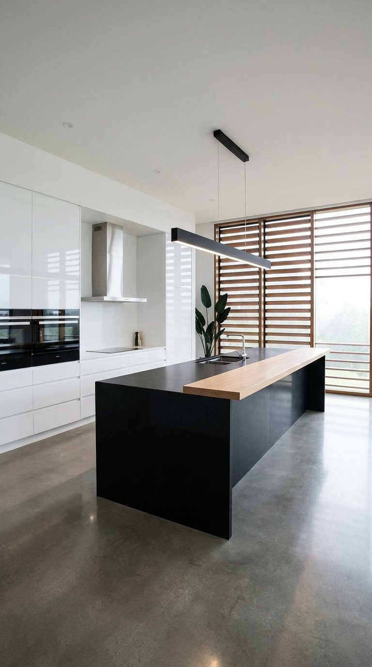 Long îlot noir avec comptoir en bois dans une cuisine blanche minimaliste