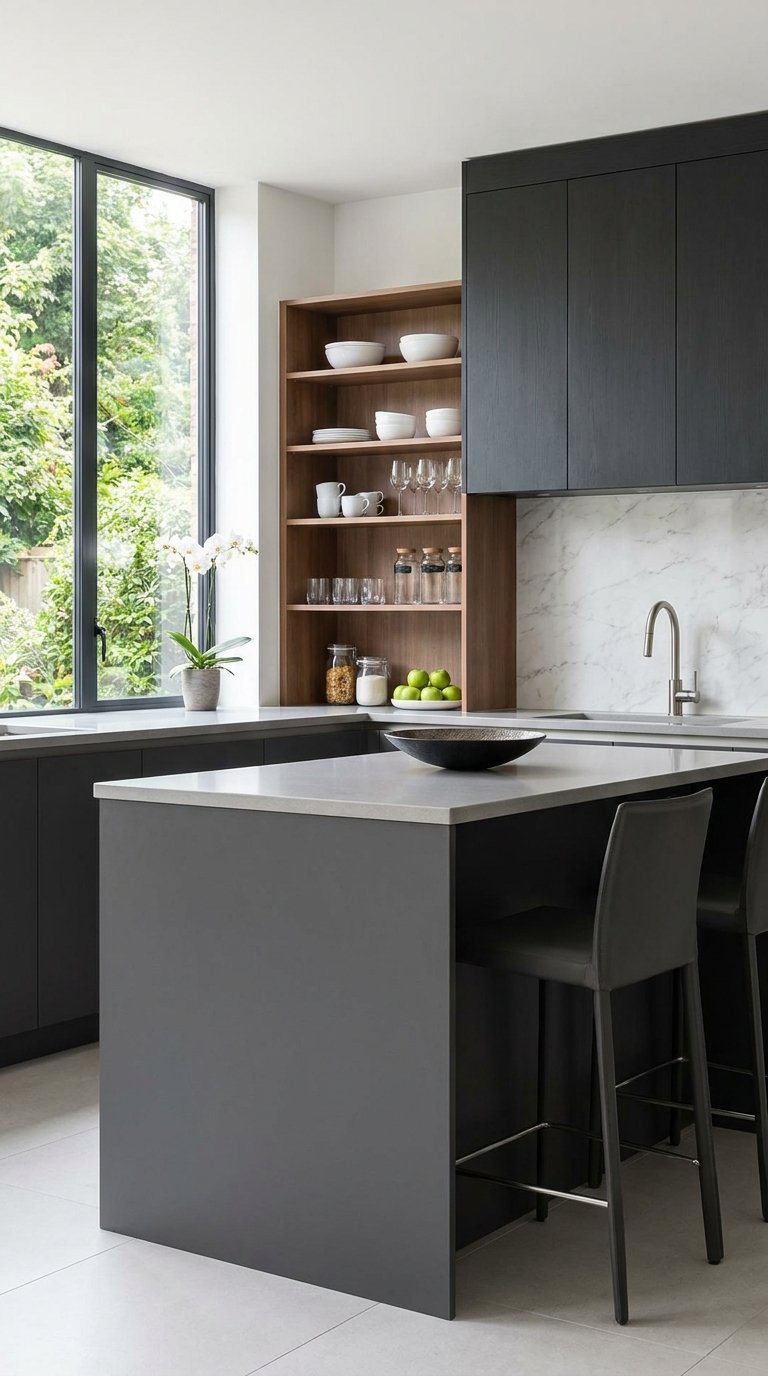 Îlot gris foncé avec plateau clair dans une cuisine moderne noire et bois