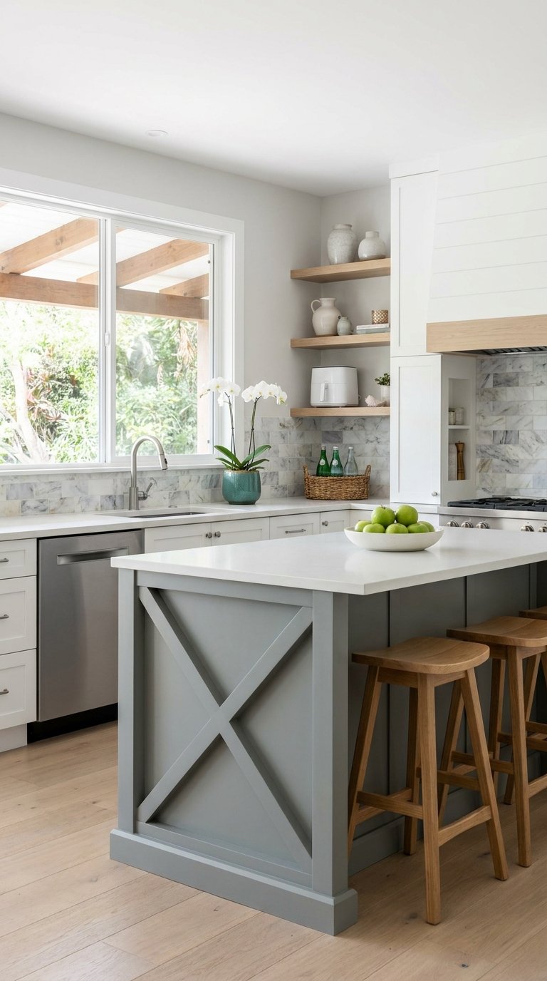 Îlot gris avec croix décorative et tabourets en bois dans une cuisine blanche