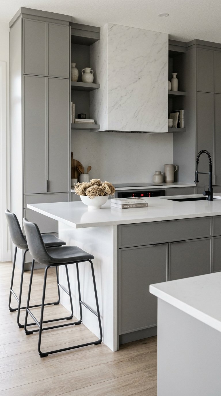 Îlot gris avec retour blanc et deux chaises hautes dans une cuisine contemporaine