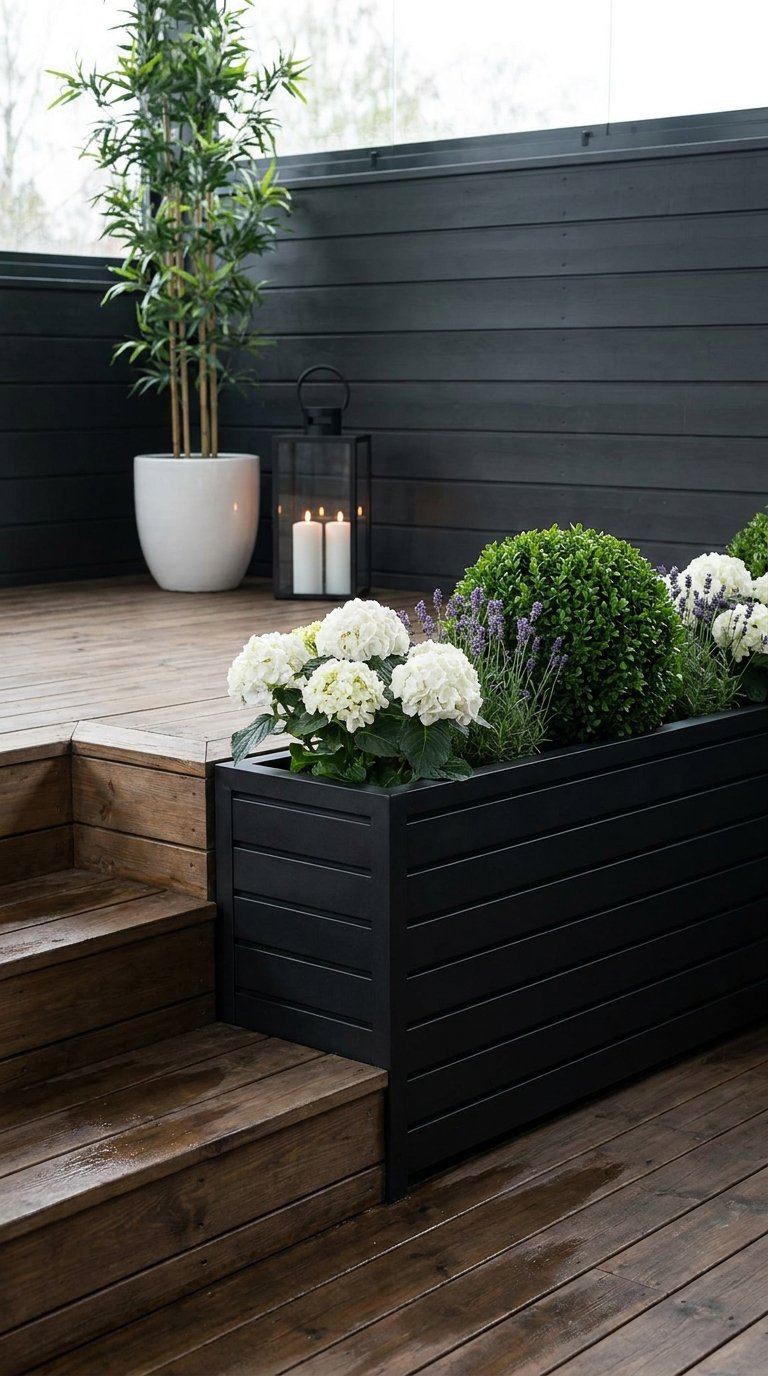 Terrasse en bois avec jardinière noire, hortensias blancs et lanterne