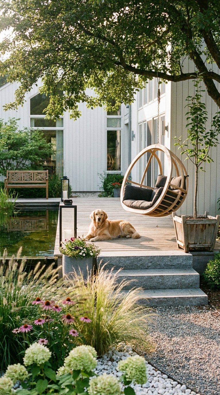 Terrasse avec fauteuil suspendu, bassin, banc et chien couché