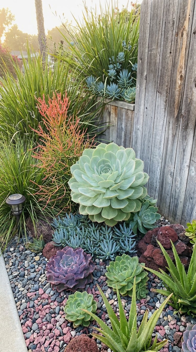 Massif de plantes succulentes colorées contre une clôture en bois