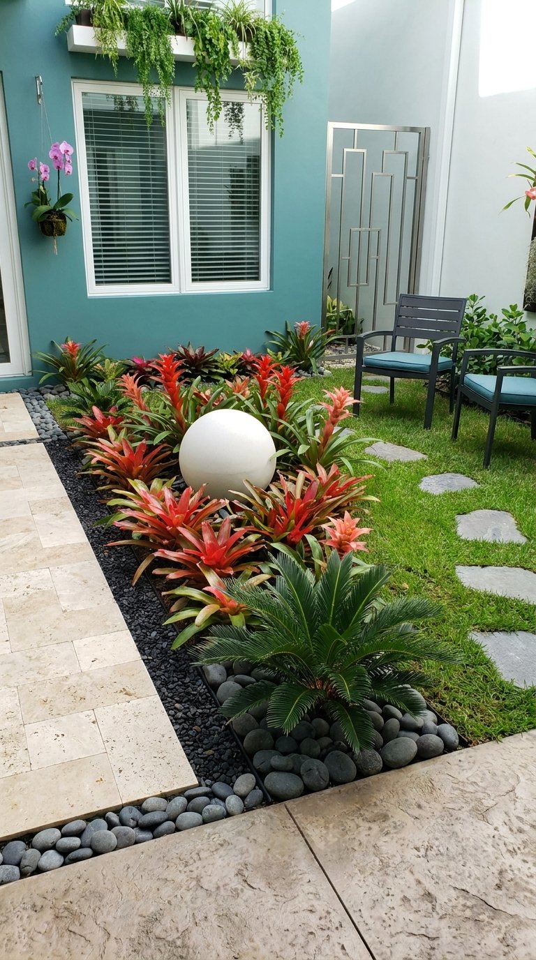Petit jardin tropical avec broméliacées rouges, galets noirs et sièges