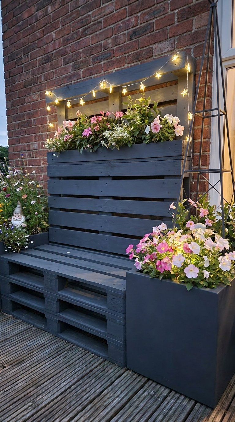 Banc en palettes gris foncé entouré de fleurs et de guirlandes lumineuses