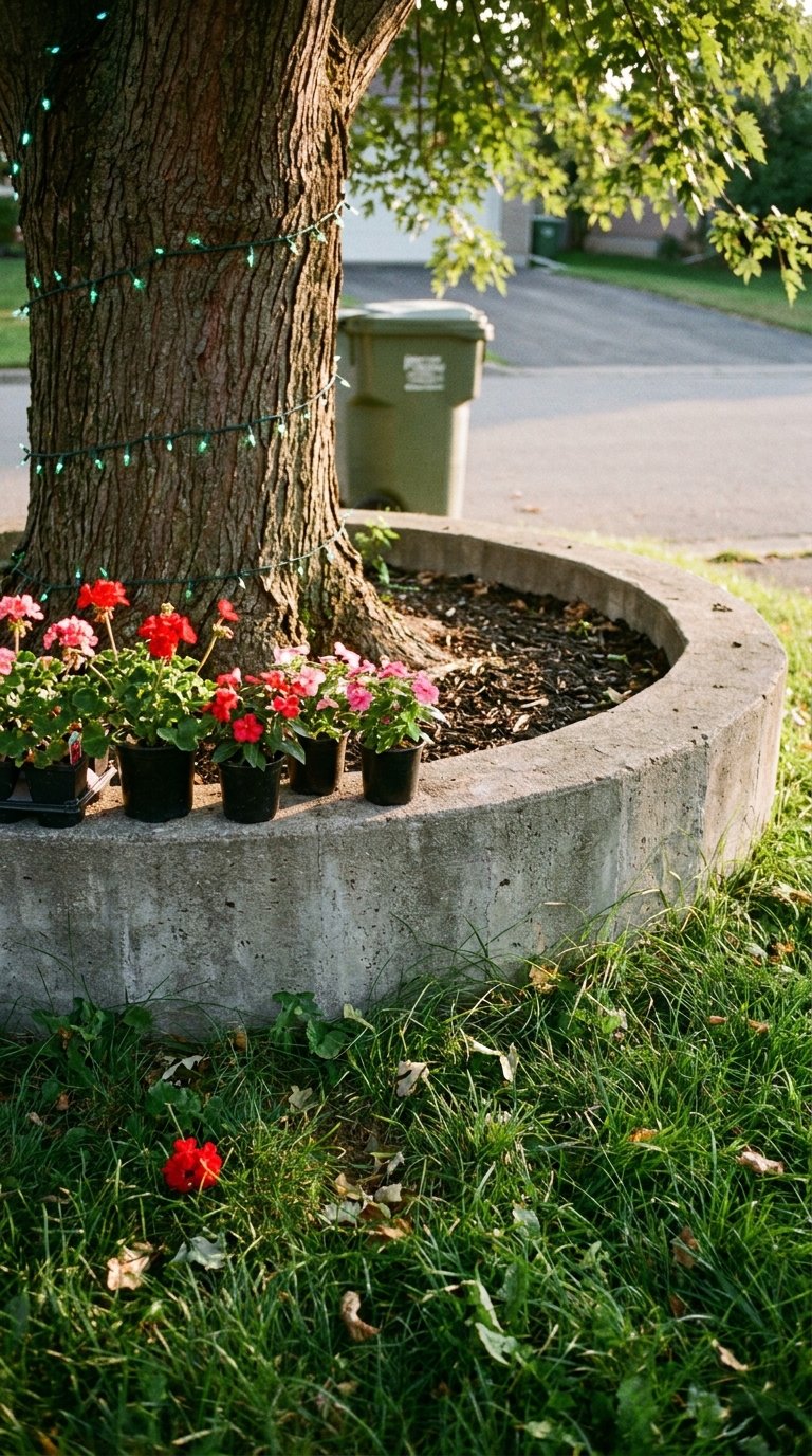 Grand arbre entouré d’une bordure circulaire en béton et de pots fleuris