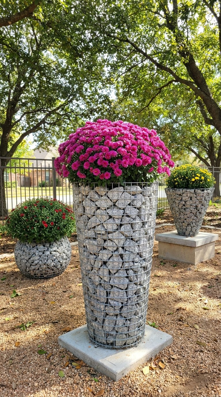 Hautes jardinières en gabion remplies de pierres et surmontées de fleurs