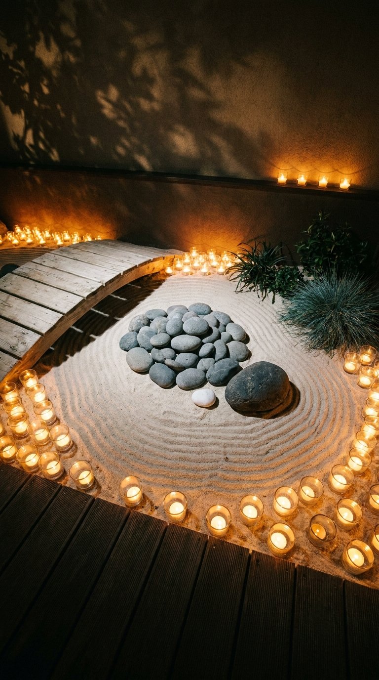 Jardin de sable ratissé avec galets, pont en bois et nombreuses bougies