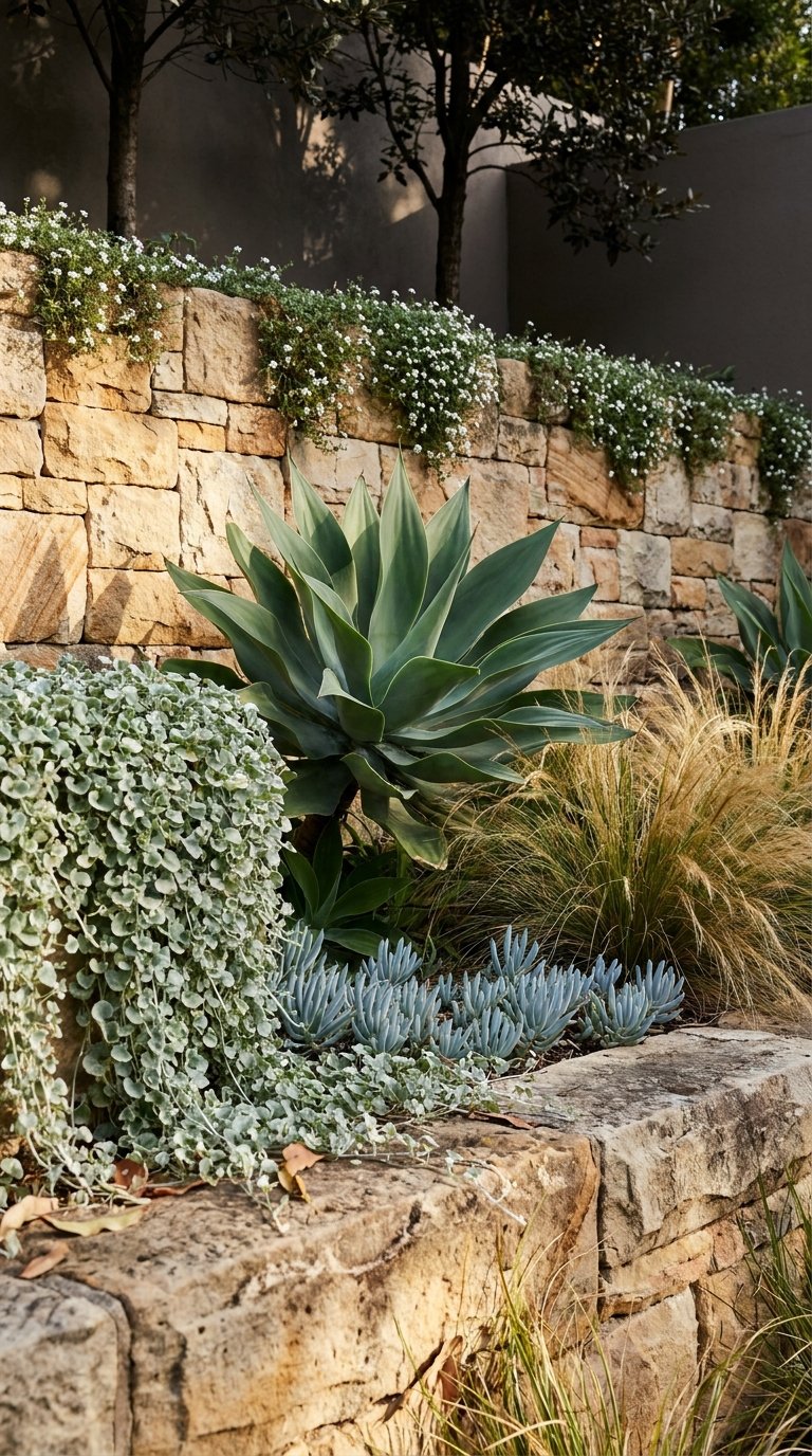 Massif en terrasses de pierre avec agaves, graminées et feuillages argentés