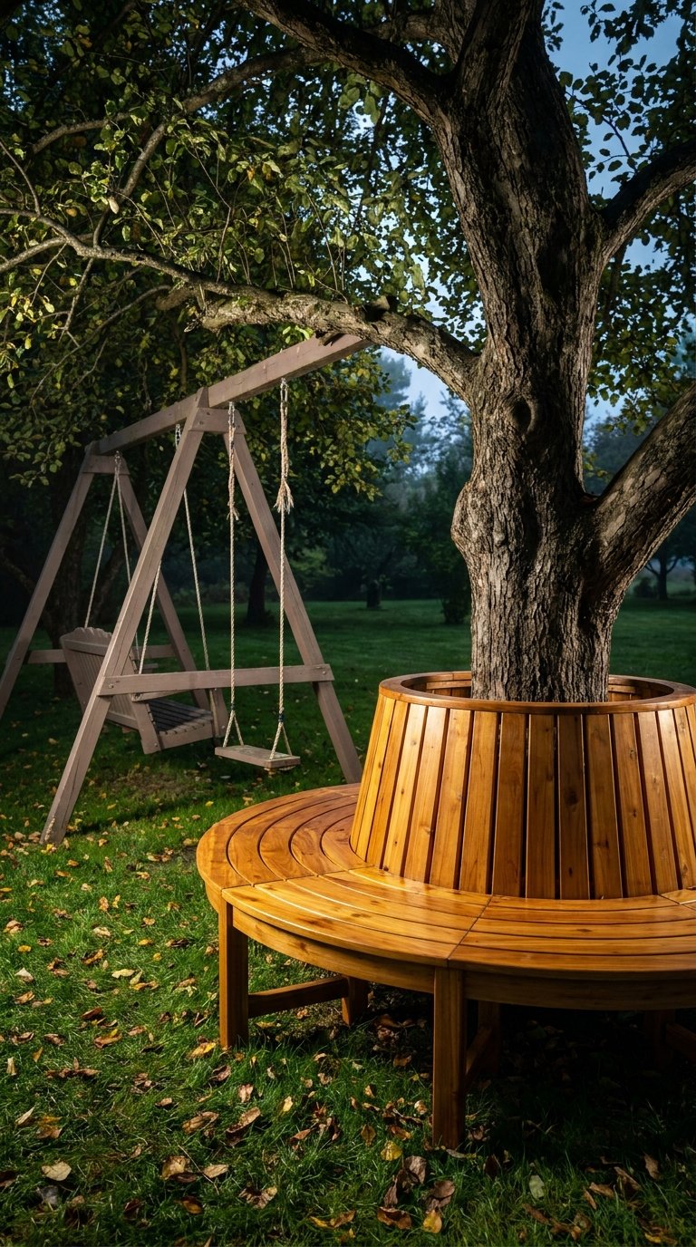 Banc circulaire en bois autour d’un grand arbre près d’une balançoire