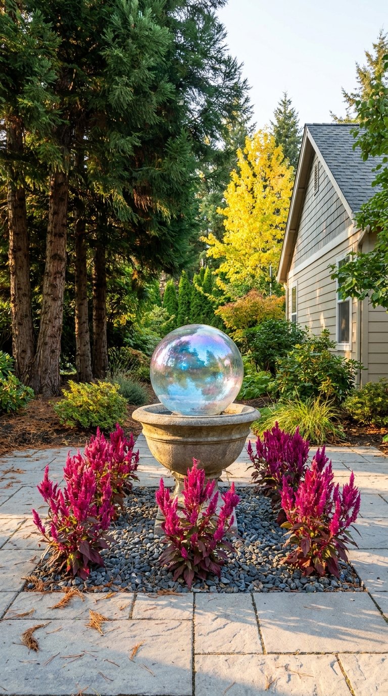 Sphère irisée sur vasque entourée de célosies roses et de gravier