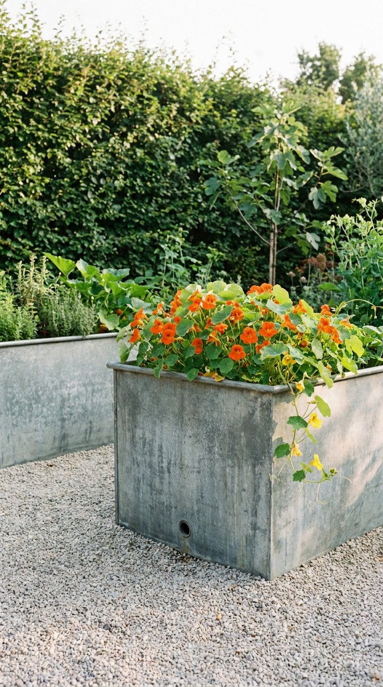 Grands bacs métalliques avec capucines orange dans un jardin potager
